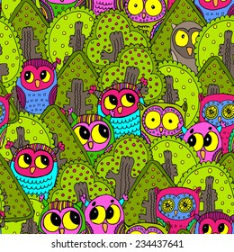 Vector seamless patterns with owl in forest
