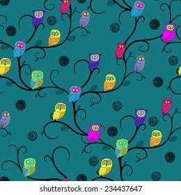 Vector seamless patterns with owl green blue