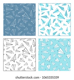 Vector seamless patterns of paper planes. Various planes on white and blue backgrounds. Boundless background can be used for web page backgrounds, wallpapers, wrapping papers and invitations.