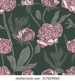 Vector seamless patterns with peony flowers. Floral pink background with blossom peonies