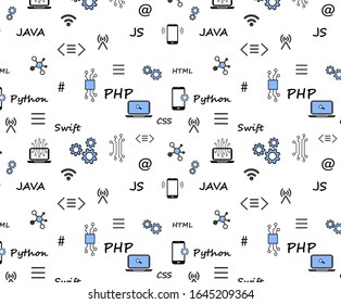 Vector seamless patterns of the phone, internet, electronic communications, programming languages symbols. Color print for programmers