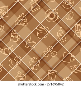 Vector seamless patterns with plaid background and coffee theme icons. For textile print or web design backgrounds