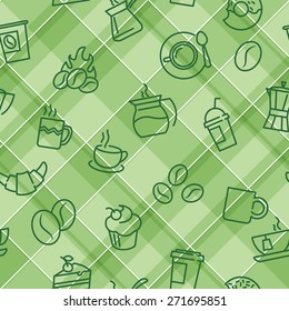 Vector seamless patterns with plaid background and coffee theme icons. For textile print or web design backgrounds