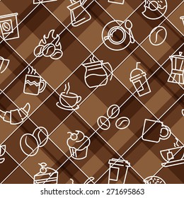 Vector seamless patterns with plaid background and coffee theme icons. For textile print or web design backgrounds