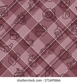 Vector seamless patterns with plaid background and coffee theme icons. For textile print or web design backgrounds