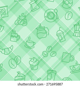 Vector seamless patterns with plaid background and coffee theme icons. For textile print or web design backgrounds