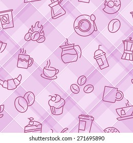 Vector seamless patterns with plaid background and coffee theme icons. For textile print or web design backgrounds
