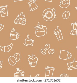 Vector seamless patterns with plaid background and coffee theme icons. For textile print or web design backgrounds
