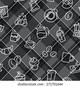 Vector seamless patterns with plaid background and coffee theme icons. For textile print or web design backgrounds