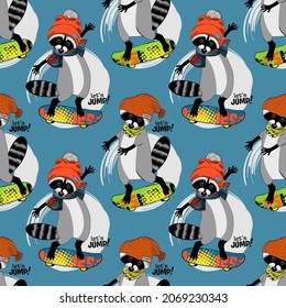 Vector seamless patterns with  raccoon and skateboard. Raccoon skater riding a skateboard. Hand drawn illustration of dressed coon  with knitted hat and scarf.