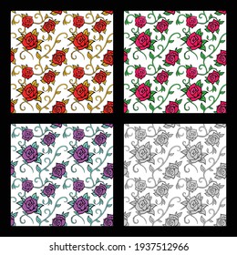 Vector seamless patterns with roses. Collection of floral ornaments for invitations, textiles, holiday cards, and any design. Graphic templates with flowers, lives, and plants.