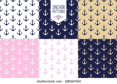 vector seamless patterns set  - anchor background in different colors