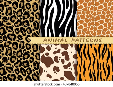 Vector seamless patterns set with animal skin texture. Repeating animal backgrounds for textile design, scrapbooking, wrapping paper. Vector animal prints.