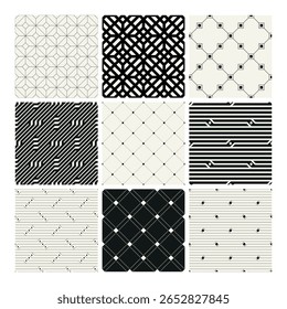 Definição de padrões contínuos de vetor. Enfeites essenciais básicos. Planos de fundo geométricos com finos desenhos lineares e em negrito. Amostras monocromáticas regulares. Grades de azulejos versáteis básicas.
