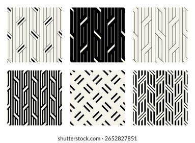 Definição de padrões contínuos de vetor. Enfeites essenciais básicos. Planos de fundo geométricos com finos desenhos lineares e em negrito. Amostras monocromáticas regulares. Grades de azulejos versáteis básicas.