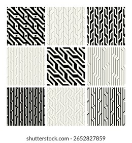 Definição de padrões contínuos de vetor. Enfeites essenciais básicos. Planos de fundo geométricos com finos desenhos lineares e em negrito. Amostras monocromáticas regulares. Grades de azulejos versáteis básicas.