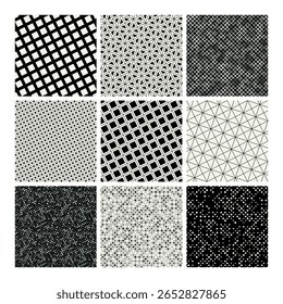 Definição de padrões contínuos de vetor. Enfeites essenciais básicos. Planos de fundo geométricos com quadrados finos lineares e negrito. Amostras monocromáticas regulares. Grades de azulejos versáteis básicas.
