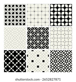 Definição de padrões contínuos de vetor. Enfeites essenciais básicos. Planos de fundo geométricos com finos desenhos lineares e em negrito. Amostras monocromáticas regulares. Grades de azulejos versáteis básicas.