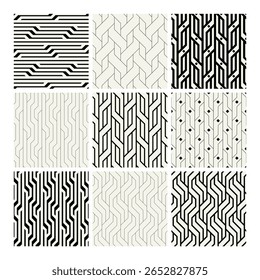 Definição de padrões contínuos de vetor. Enfeites essenciais básicos. Planos de fundo geométricos com finos desenhos lineares e em negrito. Amostras monocromáticas regulares. Grades de azulejos versáteis básicas.