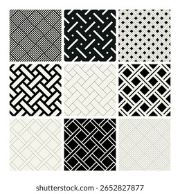 Vector seamless patterns set. Basic essential ornaments. Geometric backgrounds with thin linear and bold designs. Regular monochrome swatches. Basic versatile tileable grids.