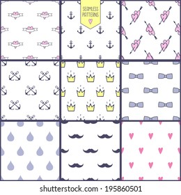 vector seamless patterns set: bow, crown, anchor, drop, heart, mustache. Cute hipster backgrounds.