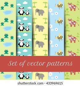 Vector seamless patterns set of  cartoon animals. Set of children's animal toys.  Funny baby pictures. 