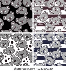 Patrones vectoriales sin fisuras con bonitos koalas. Patrón de Koalas sobre fondo a rayas.Colección de papeles pintados con rostros adorables de koala.Perfecto para textiles, envoltura y etc.
