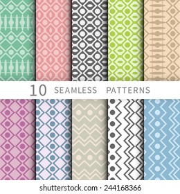 Vector seamless patterns set. Endless texture can be used for wallpaper, pattern fills, web page background,surface textures. Set of ten monochrome geometric ornaments.