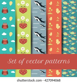 Vector seamless patterns set of fun toys pictures. Vector patterns set of  funny animals.
