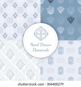 Vector Seamless Patterns Set with hand drawn doodle diamonds, crystals and gem stones. Light repeating backgrounds for textile or wallpaper
