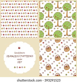 Vector Seamless patterns set. Hand drawn doodle Fruit trees and Apples. Backgrounds for kids. Children's wallpapers