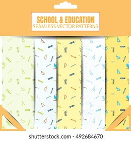 Vector seamless patterns set of items for education in the package.