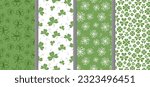Vector seamless patterns set of many hand drawn clover leaves. Decorative prints for St. Patrick's Day. Rough shape icons. Natural spring sketch. Holiday art background. Simple stylized plant elements