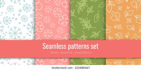 Vector seamless patterns set of many natural elements. Seasonal concept. Cute children's decorative linear compositions. Kids trendy art prints for festive layout design. Flat contour signs collection