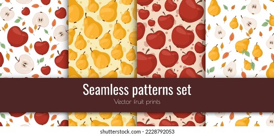 Vector seamless patterns set of many pears, red apples, small leaves. Whole fruit and hal cut. Decorative art elements for cafe menu design, juice or smoothies packaging. Food sign prints collection