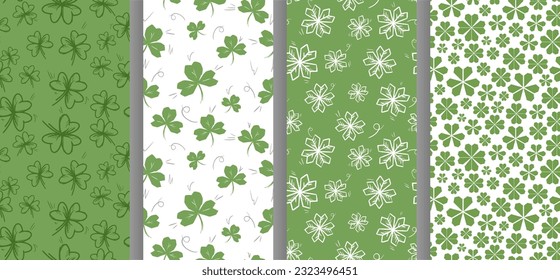 Vector seamless patterns set of many hand drawn clover leaves. Decorative prints for St. Patrick's Day. Rough shape icons. Natural spring sketch. Holiday art background. Simple stylized plant elements