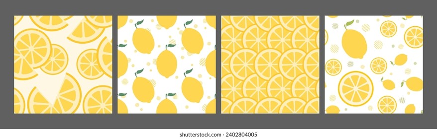 Patrones vectoriales sin fisuras de muchos iconos de limón brillantes. Frutas enteras con hojas frescas, rodajas de vista superior. Elemento decorativo moderno para el diseño de acondicionamiento de los envases de jugos, bebidas dulces, pancarta publicitaria