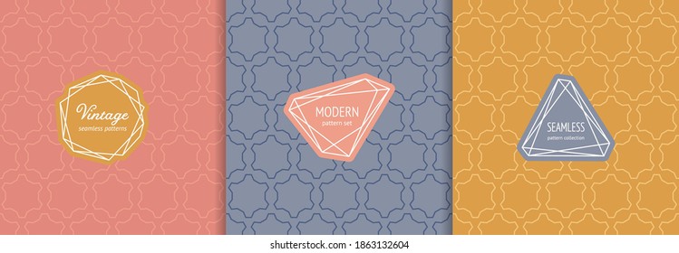 Vector seamless patterns set with modern minimal labels. Luxury linear backgrounds with thin lines, hexagonal grid, net. Trendy subtle textures collection. Design template for banner, card, print, web