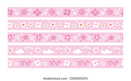 Vector seamless patterns set. Ribbons with flowers, clouds and plants in hand drawn style on pink background