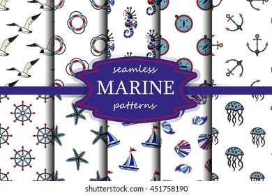 Vector seamless patterns. Set of sea and nautical seamless backgrounds. Sea theme. Vector illustration.