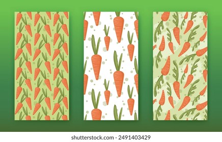 Vector seamless patterns set of small bright carrots, big dense green tops. Many cute vegetable icons print. Kids textile swatch. 3 designs for smoothie, juice, raw food snacks, spice packaging layout