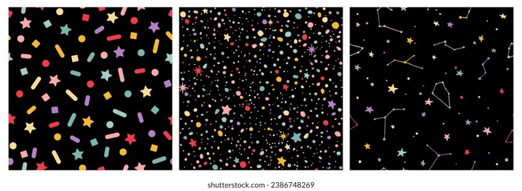 Vector Seamless Patterns Set with Stars, Dots and Constellation on Black Background. Illustration of Dark Night Sky with Hand Drawn Star Shapes