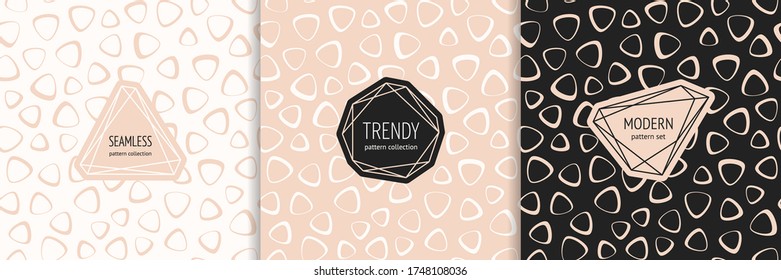 Vector seamless patterns set with stylish modern labels. Elegant abstract geometric texture with organic shapes. Trendy minimal background. Powdery pink, white, black color. Luxury design template