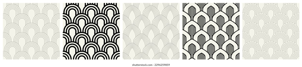 Vector seamless patterns set. Stylish linear ornaments. Geometric striped backgrounds with arches. Art deco thin monochrome swatches. Tileable prints with linear pointed arches.