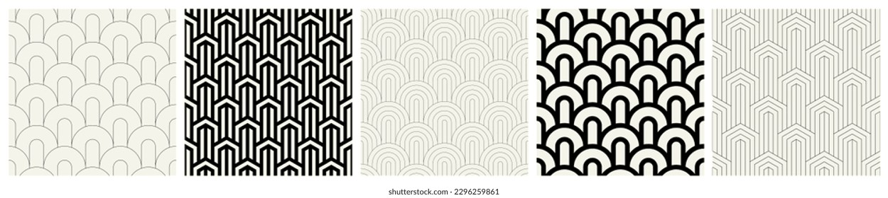 Vector seamless patterns set. Stylish linear ornaments. Geometric striped backgrounds with arches. Art deco thin monochrome swatches. Tileable prints with linear pointed arches.