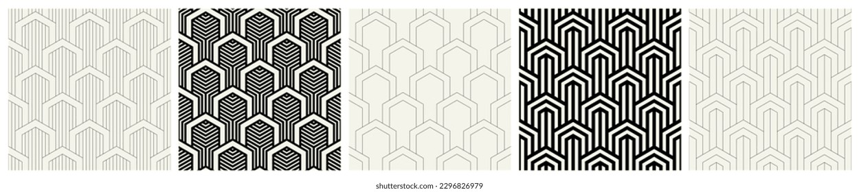 Vector seamless patterns set. Stylish linear ornaments. Geometric striped backgrounds with arches. Art deco monochrome swatches. Tileable prints with linear thin and bold arches.