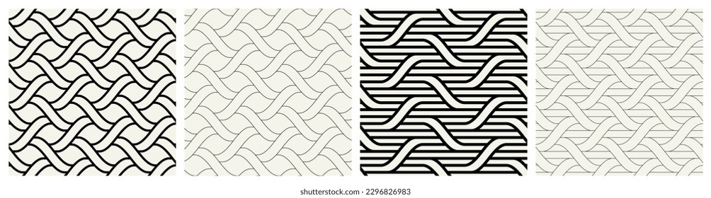 Vector seamless patterns set. Stylish linear ornaments. Geometric striped backgrounds with arches. Art deco thin monochrome swatches. Tileable prints with linear thin and bold weaves.