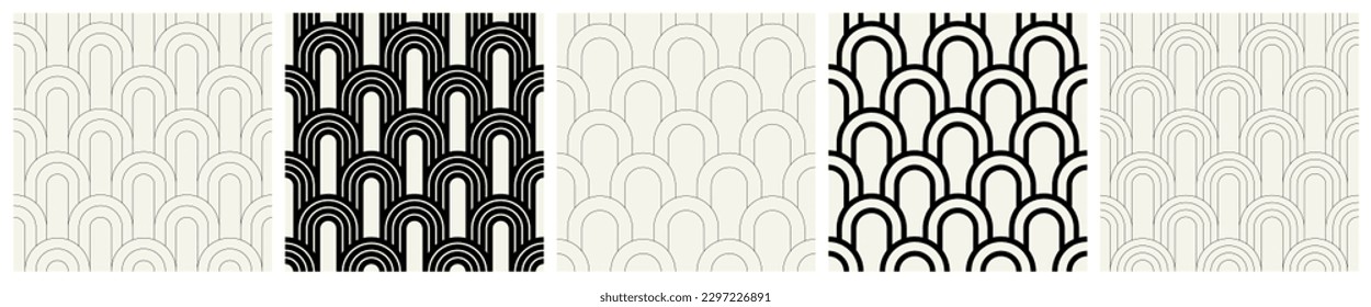 Vector seamless patterns set. Stylish linear ornaments. Geometric striped backgrounds with arches. Art deco thin monochrome swatches. Tileable prints with linear pointed arches.