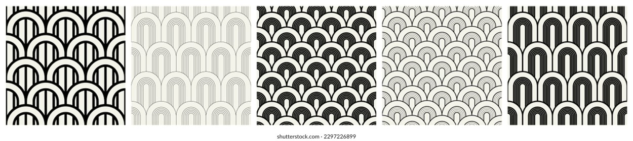 Vector seamless patterns set. Stylish linear ornaments. Geometric striped backgrounds with arches. Art deco thin monochrome swatches. Tileable prints with linear pointed arches.