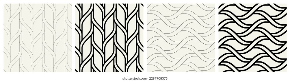 Vector seamless patterns set. Stylish linear ornaments. Geometric striped backgrounds with arches. Art deco thin monochrome swatches. Tileable prints with thin and bold weaves.